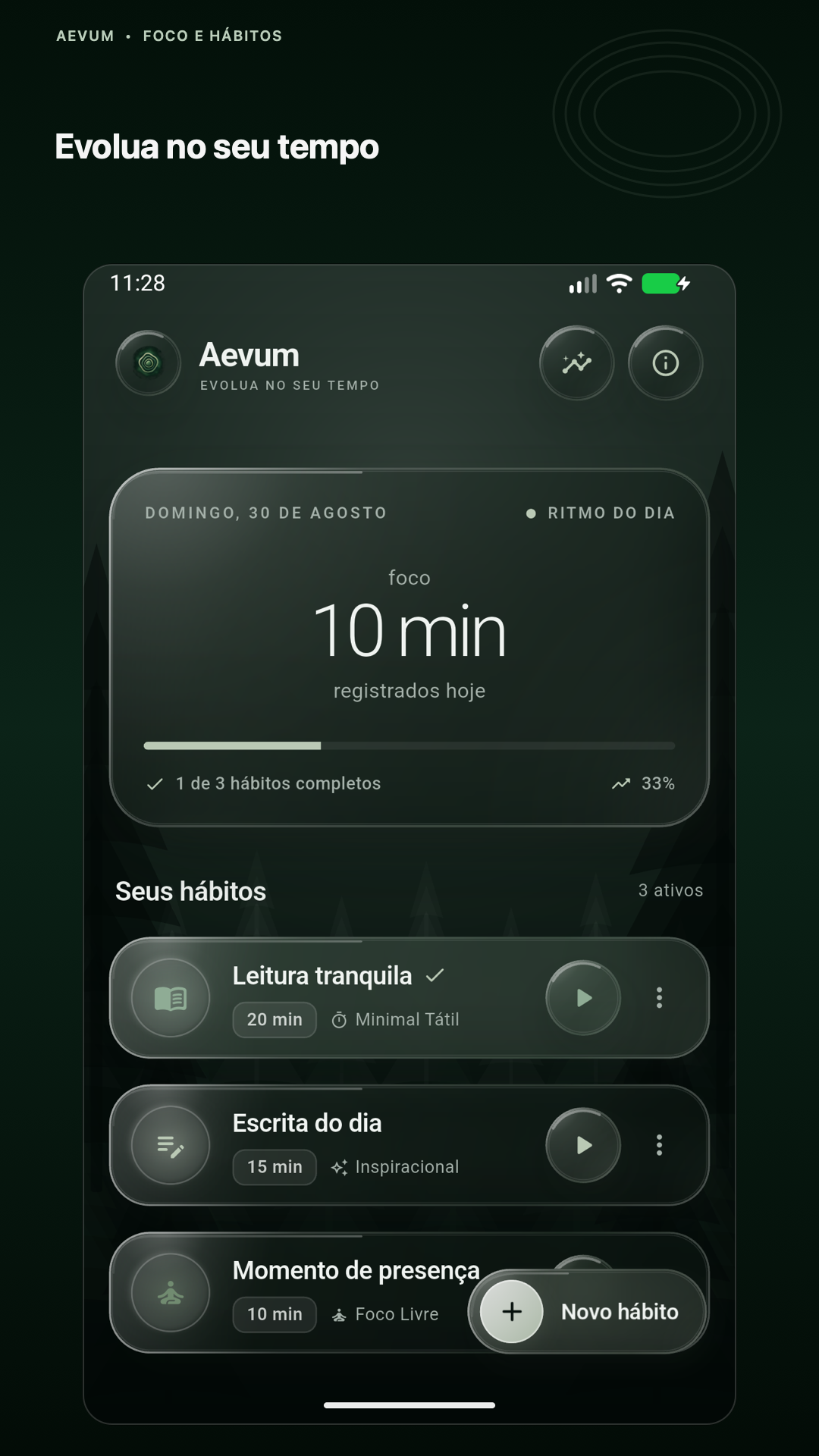 Tela inicial do Aevum — Evolua no seu tempo