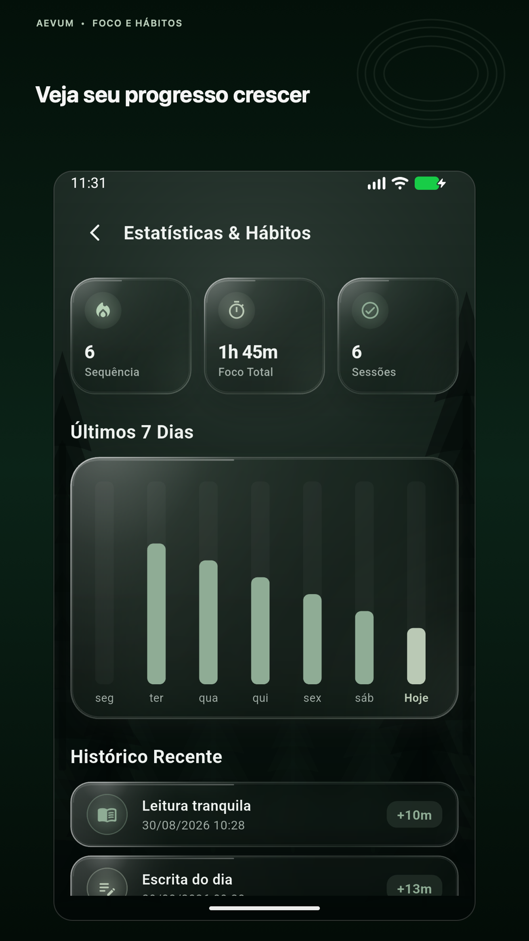 Progresso — acompanhe minutos e sessões recentes